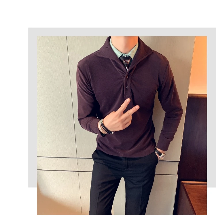 Осень Зима футболка мужская мода длинный рукав Толстые мужские футболки Slim Fit пуловер отложной воротник теплая бархатная безрукавка рубашки