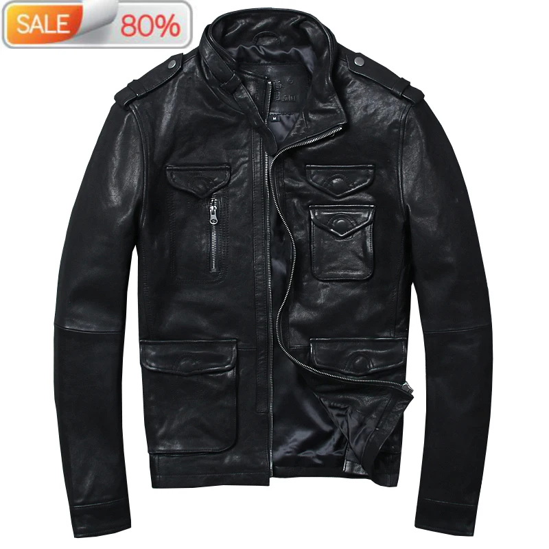 

Men's Motorcycle Goatskin Coat Genuine Leather Jacket Men Slim Korean Vintage Jackets 2020 013HL B22306