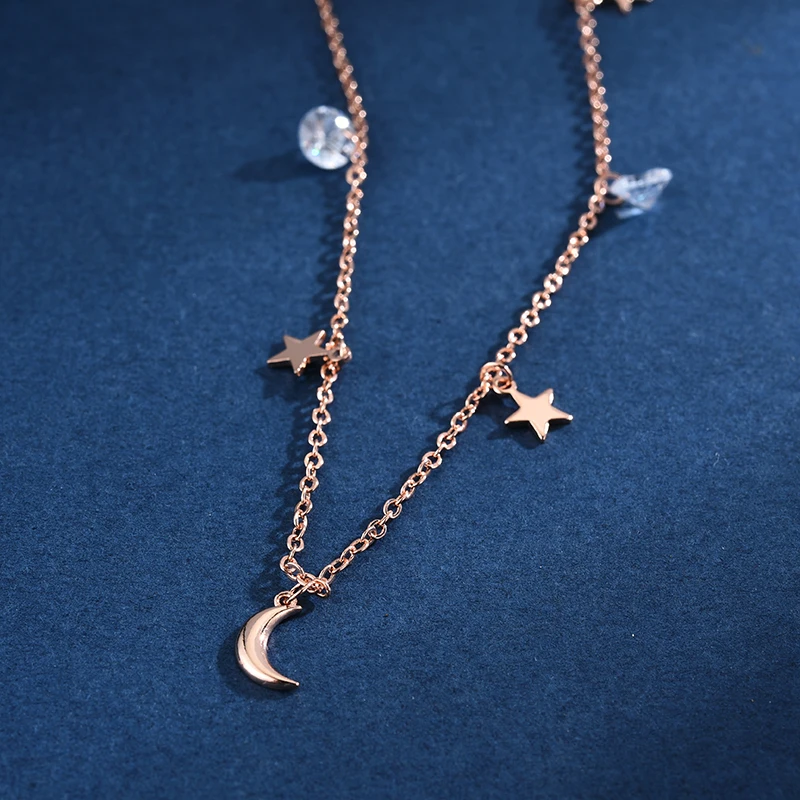 925 Sterling Silver Shiny CZ Stars & Moon Pendants Choker Necklace For Women Wedding Gift NK043 pendant necklace,silver necklace,silver pendant