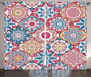

Moroccan Curtains Colorful Bohemian Pattern in Pastel Colors with Abstract Flowers Ornate Living Room Bedroom Window Drapes Blue