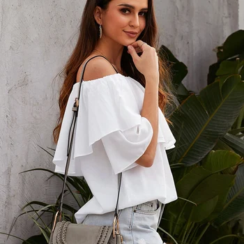 

Fashion Women's T shirt Shirt Soft Breeze Frilling Off-Shoulder Cascading Ruffles Top on sale