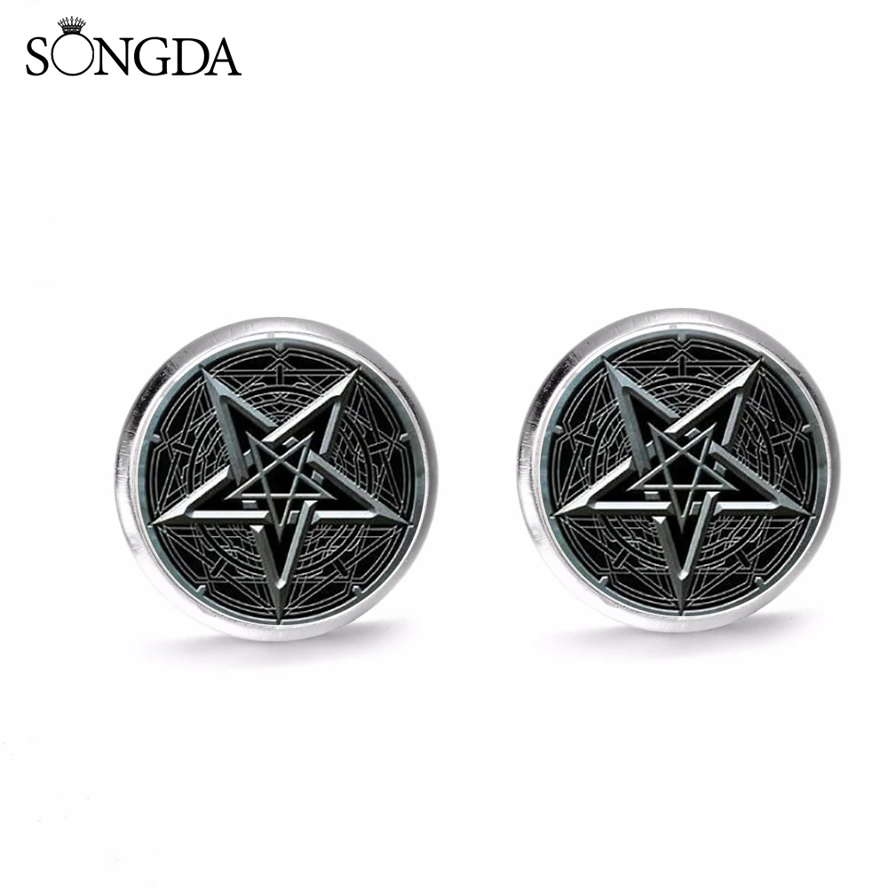 SONGDA сверхъестественная пентаграмма Wiccan серьги-гвоздики дьявол в готическом стиле ловушка геометрическое искусство стеклянные круглые серьги для мужчин и женщин ювелирные изделия