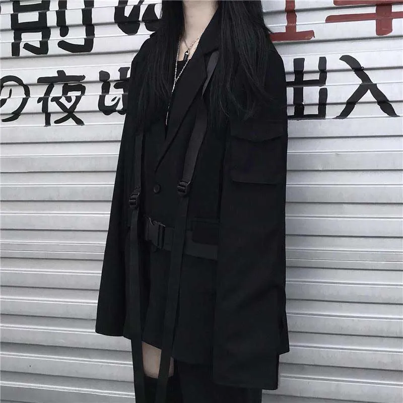 NiceMix черный Блейзер Куртка с поясом бинты с длинным рукавом зубчатый пальто High Street Harajuku верхняя одежда осень зима для женщин Топ