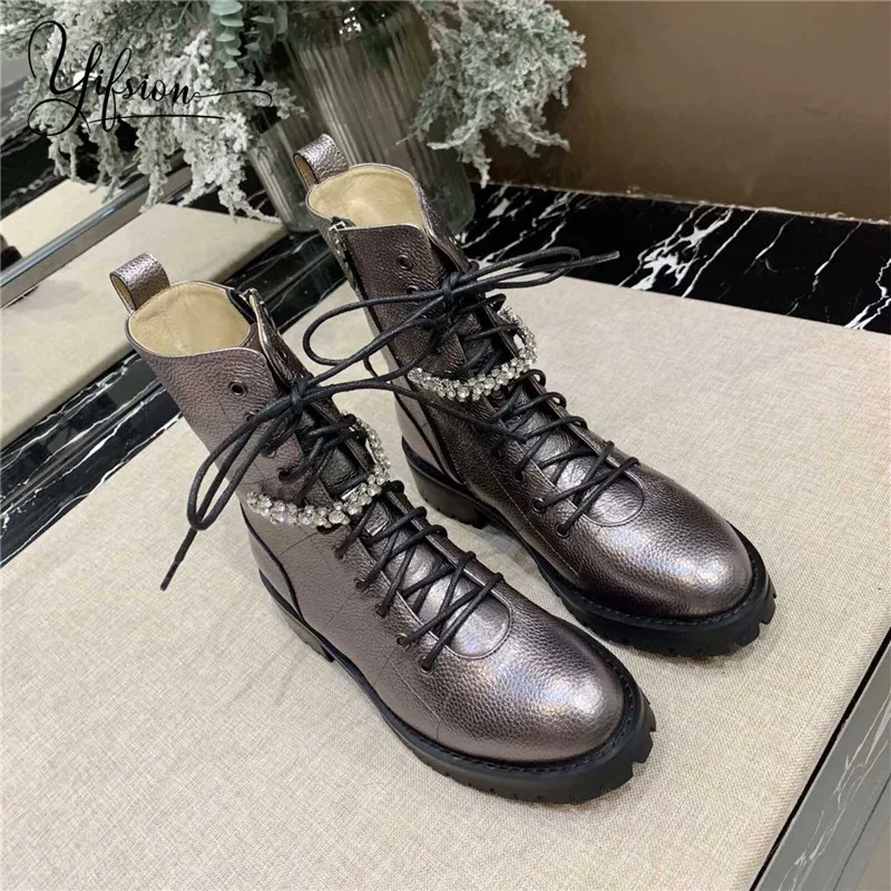 

OLOME New Genuine Leather Rome Gladiator Women Boots Round Toe Crystal Chunky Heel Women Autumn Winter Ankle Boots Shoes Woman