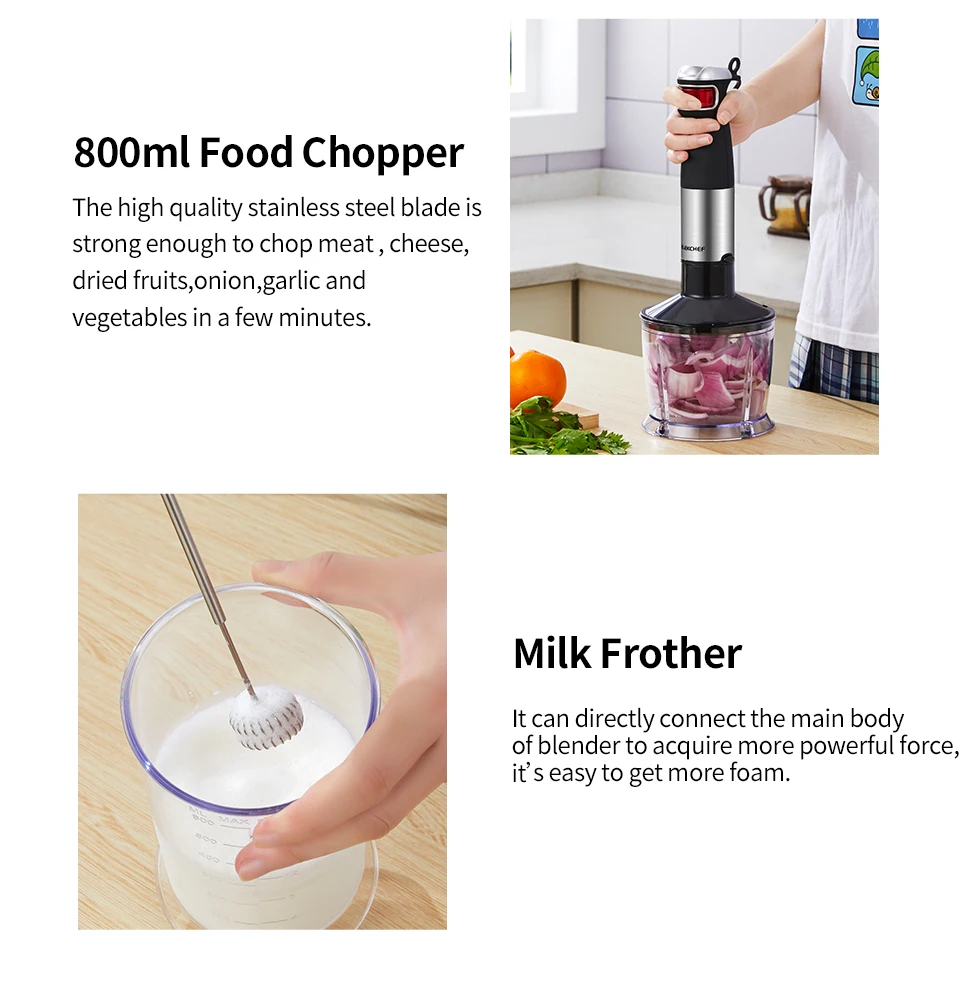 ELEKCHEF 5 in 1 Multifunctional 1200W Electric Hand Stick Blender Immersion Handheld Mixer Food Processor Chopper Beater Frother