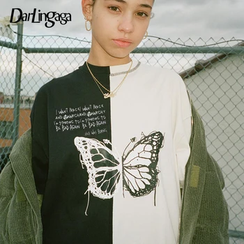 

Darlingaga Streetwear Black White Long Butterfly Top Loose Female T-shirt Letter Print Summer Oversized T shirt Casual Tees 2020