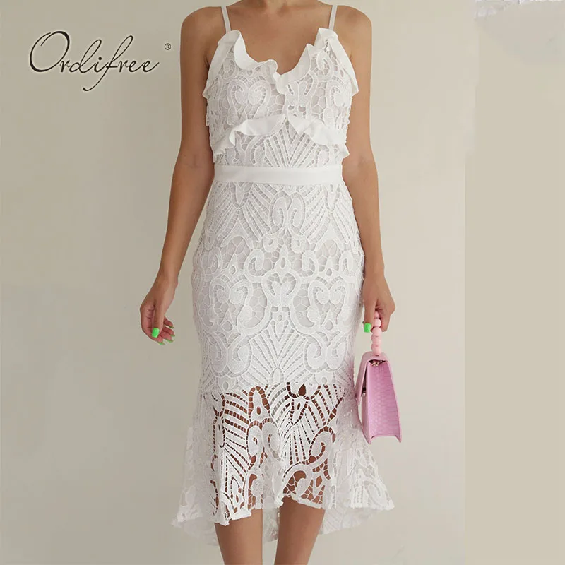 

Ordifree 2022 Summer Women White Lace Dress Ruffle Spaghetti Strap Sexy Bodycon Mermaid Party Dress