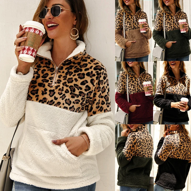  Lossky Winter Sweatshirt Leopard Patchwork Women Long Sleeve Pockets Ladies Plush Tops Zipper Pullo