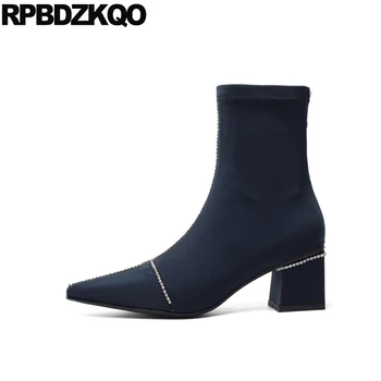 

chunky women boots winter 2019 black designer shoes pointed toe booties diamond block rhinestone elastic stretch autumn slip on