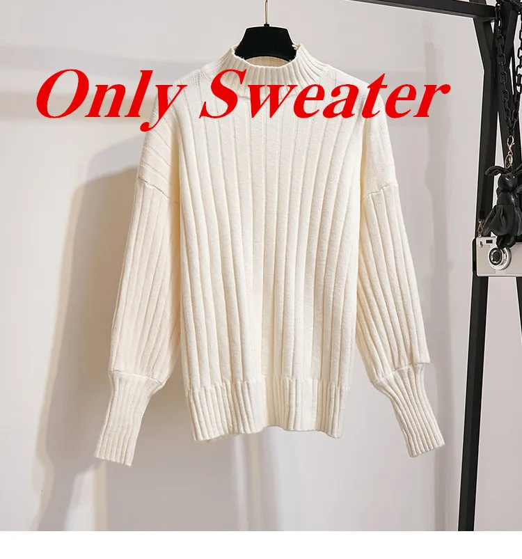 Only Sweater Простая водолазка с рукавами-фонариками, Однотонный свитер и клетчатая твидовая юбка, Женский комплект 2 шт., Осенняя шерстяная юбка с высокой талией - Цвет: Only Sweater