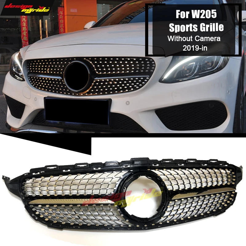 

W205 Diamonds Front Grille Without emblem ABS Black For MercedesMB C-Class C180 C200 C250 C350 Without Camera Front Grills 19-in