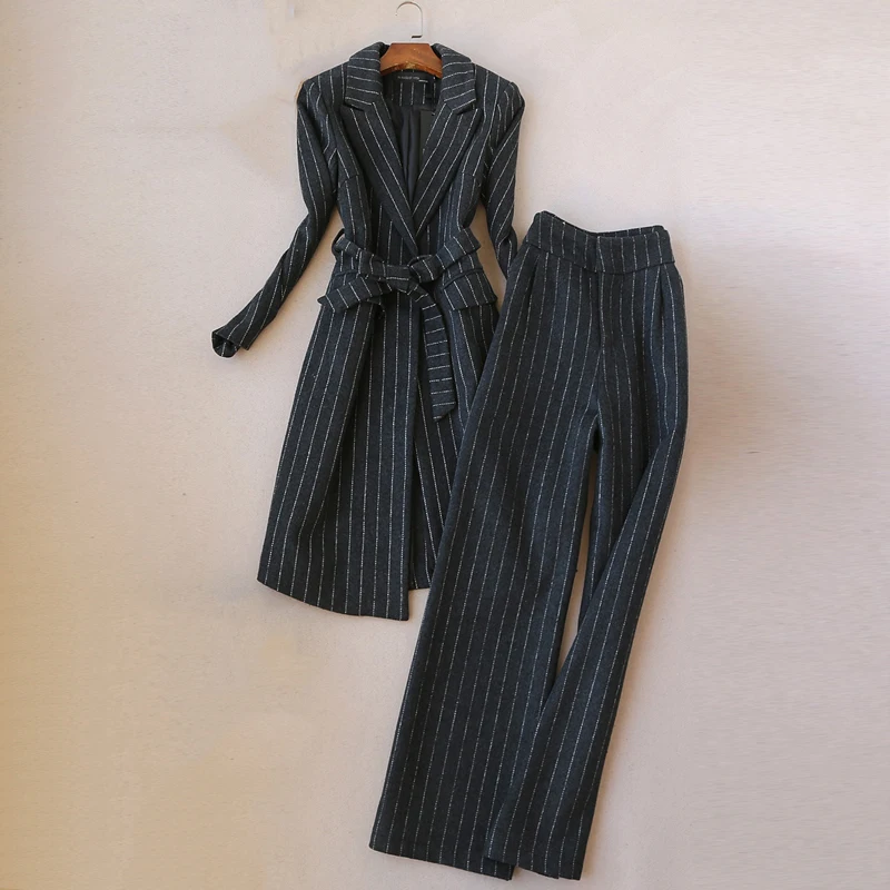 

Autumn and winter new fashion suit Korean version of the woolen striped coat in the long coat drape wide leg pants female