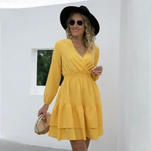 

New Dress Woman Basic Long Sleeve Ruffle Loose Slim Solid Color Casual V Neck Elegant Party Dress Fashion Sexy Streetwear A Line