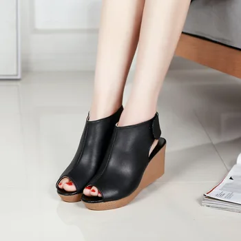 

Peep Toe Wedges Leather Black High Heels Sandals Women Shoes High Heel Summer Shoes Women Wedge Sandal Chunky Heels Woman Pumps