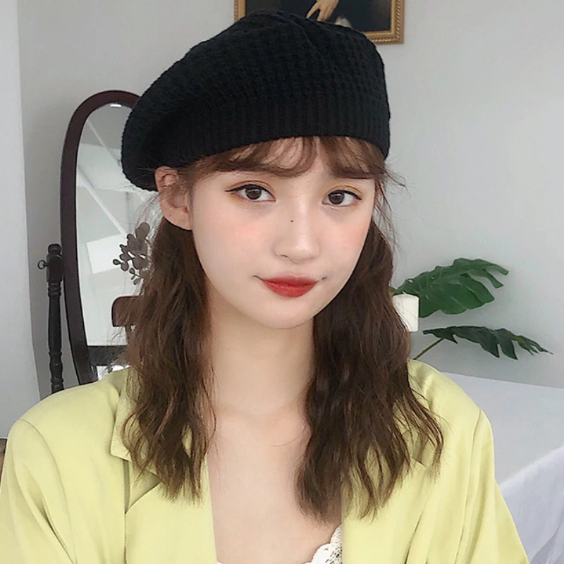 HT2695 женские береты женская вязаная шапочка шапки осень/зима для женщин Женские однотонные простые берет шляпа винтажный художник шляпа