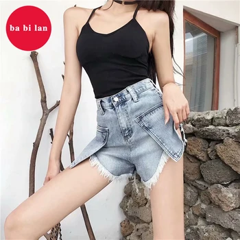 

2020 new high waist wide leg denim shorts women loose summer light blue hot pants