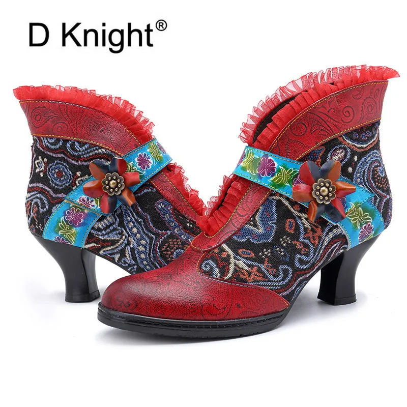 

New Winter Genuine Leather Ankle Boots Vinatge Lace Women's Boots High Heel Short Boots Party Shoes Retro Print Flower Lady Boot
