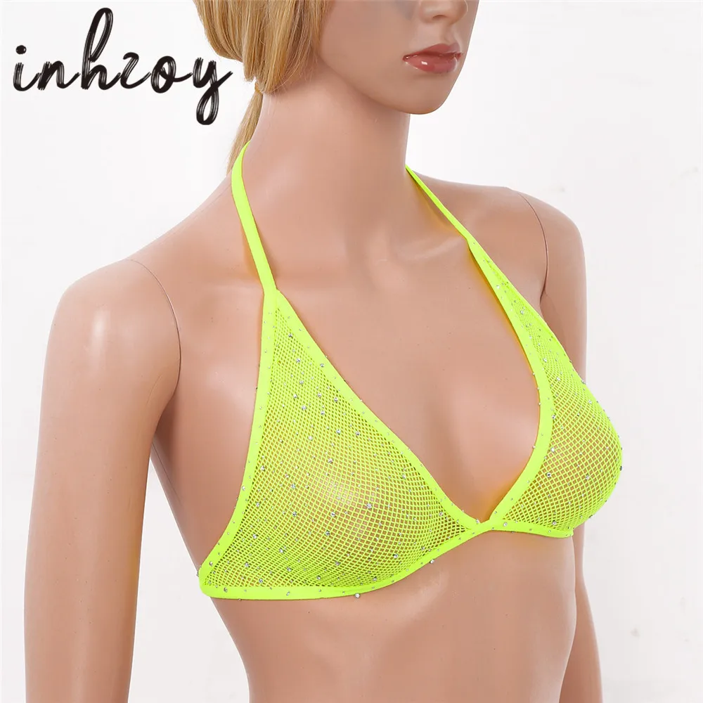 

Women Shiny Rhinestone Halter Fishnet Triangle Bikini Bra Tops Hot Sexy Lingerie Transparent Sheer Mesh Bralette Erotic Crop Top