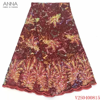 

Anna red embroidered african velvet lace french fabric with sequins 5 yards/piece nigerian mesh laces fabrics for garment sewing