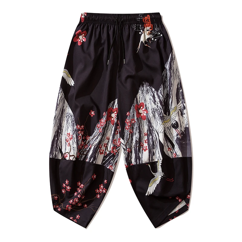 Bebovizi 2020 Japanese Style Harajuku Men Trousers Sakura Samurai Costume Loose Fashion Women Traditional Bloom Pants Haori