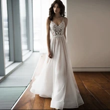 

Civil Wedding Dress 2021 boho Bohemian A-Line Spaghetti Straps Open Back Lace Appliques Sweep Train Bride Gown Vestidos De Noiva