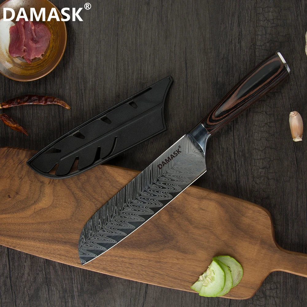 

Damask Kitchen Santoku Knife 7Cr17 Mov Stainless Steel Kitchen Knife High-End Fish Bone Pattern Blade with Free Gift Knife Cover