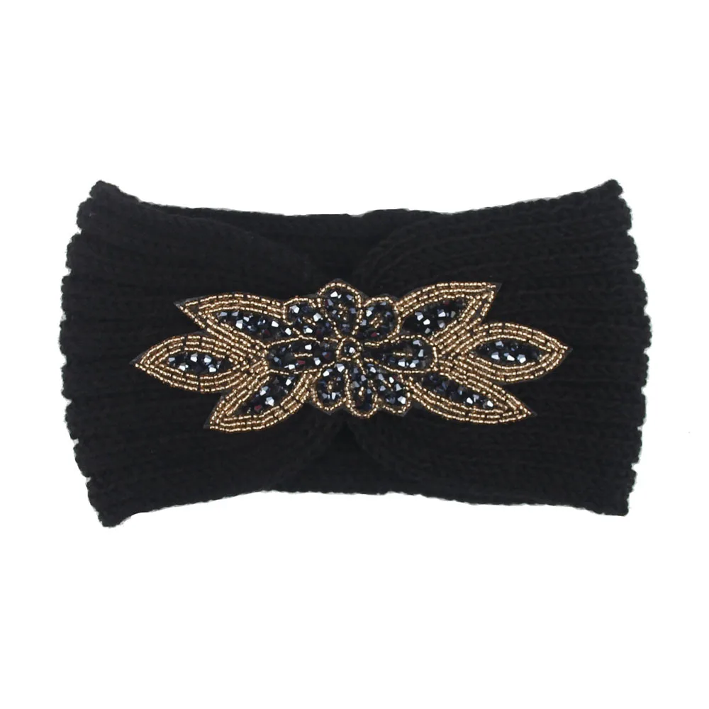 Новинка, шерстяной эластичный Широкий трикотажный ободок, модный, Boho, стразы, зимний, теплый, вязанный крючком головной убор, повязки для волос, женские аксессуары для волос