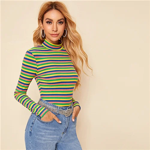 Multicolor SHEIN многоцветный стоячий воротник полосатый ребристый вязаный Повседневная футболка Женские топы осень длинный рукав облегающие эластичные футболки - Цвет: Multicolor