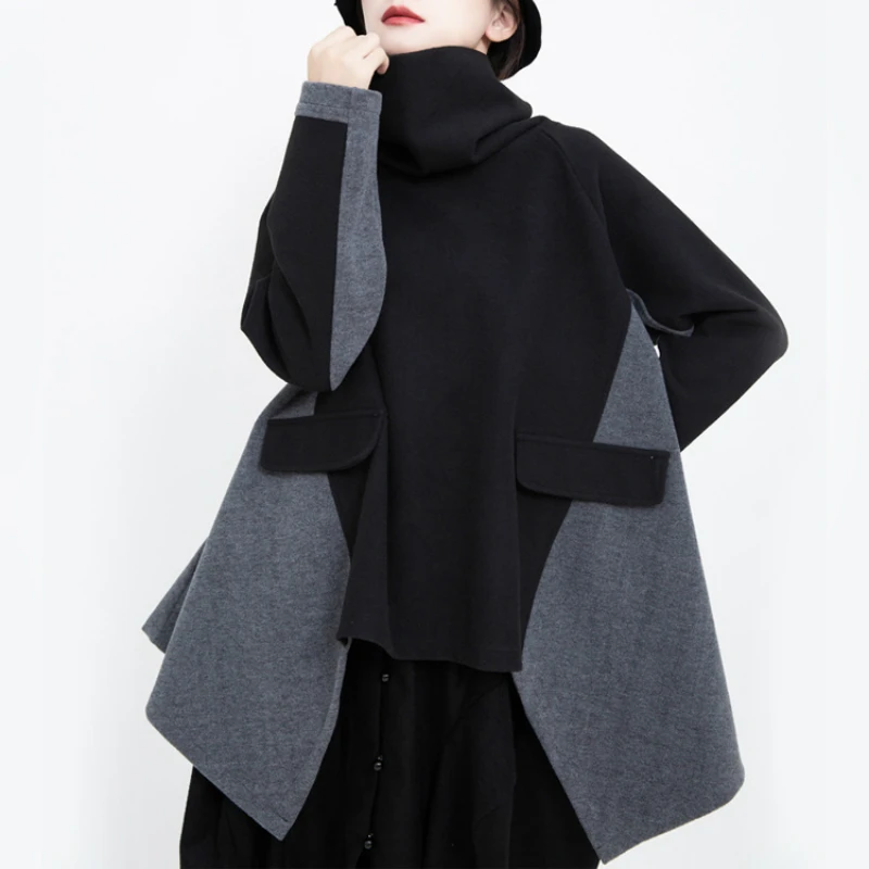 

Loose Fit Contrast Color Female Autumn Cloak Asymmetrical Woolen Winter Coat WomenTurtleneck Long Patchwork Pullover Top Outwear