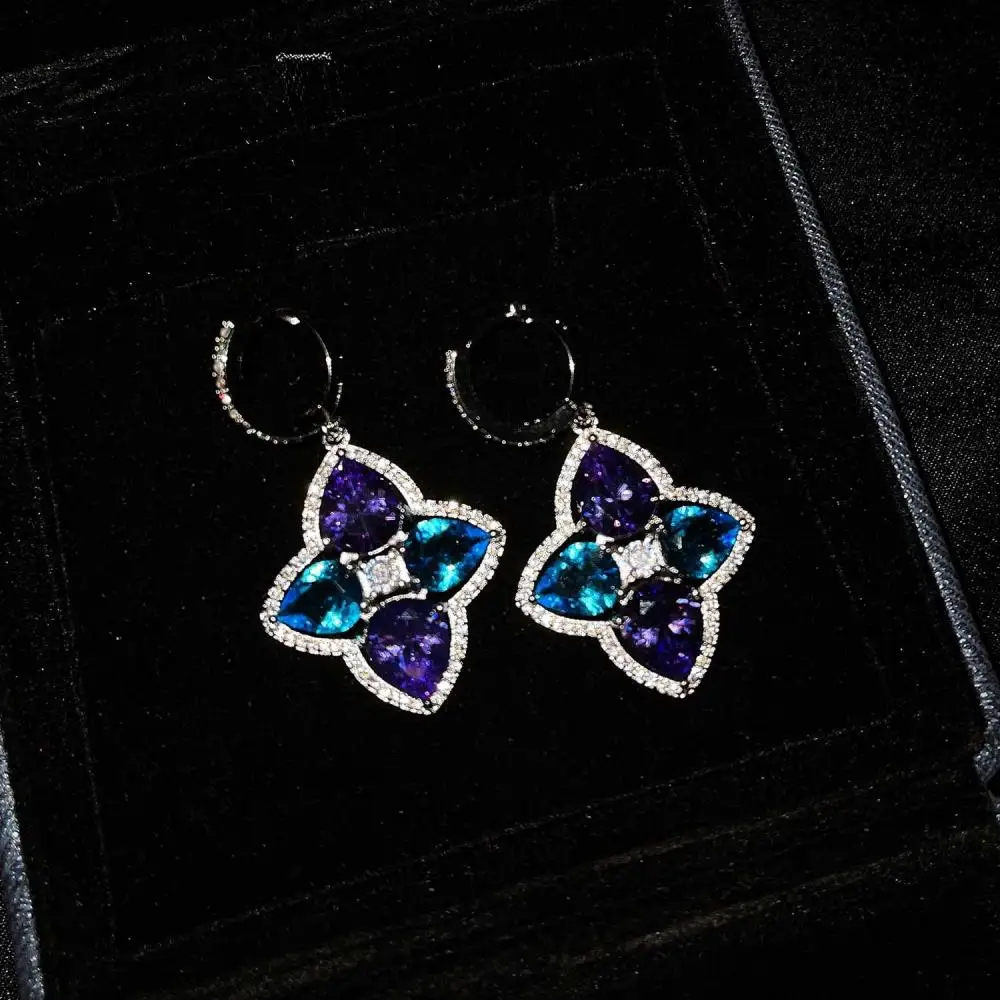 

HOYON Pink Flower Earrings European and American Style Inlaid Vintage High-Carbon Diamond style Silver Petal Earrings