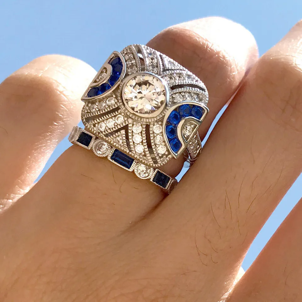 

Buyee 925 Sterling Silver Sweet Ring Sets Blue Crystal Square Stripe Luxury Wedding Ring for Woman Fashion Fine Jewelry Circle
