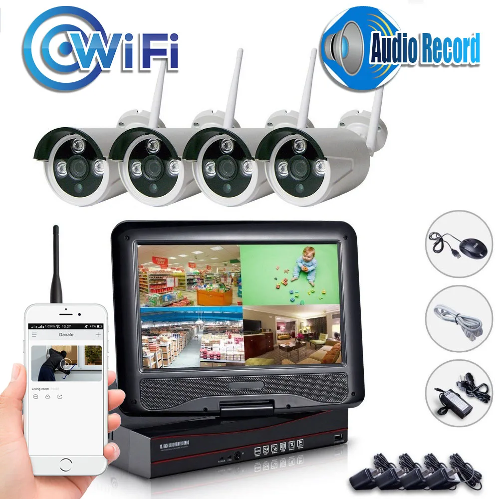 4CH NVR WIFI CCTV System 4PCS 720P Wireless CCTV Kit with 10 inch Monitor Security Sound recording Motion Detecting Email Alarm