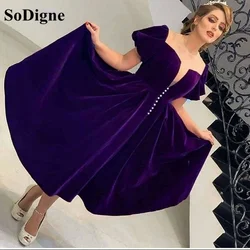 SoDigne Purple Velvet Prom Dresses 2022 Sexy V Neck A line Evening Dress Short Sleeves Princess Party Gowns Tea Length