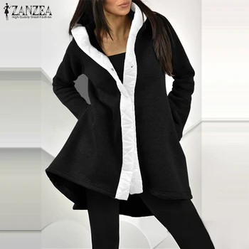 

ZANZEA Women Jackets 2020 Fashion Hooded Coats Casual High Low Chaqueta Mujer Coat Pockets Outwear Patchwork Color Overcoats 5XL