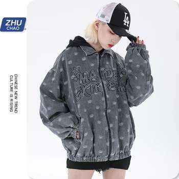 

woman/Men's clothes Letter Embroidered Denim Jacket street fashion rock hip hop casual loose comfortable Harajuku streetwear