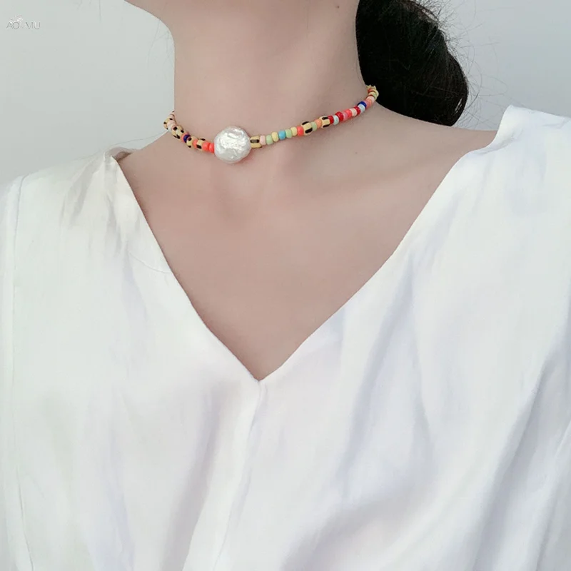 

AOMU Boho Handmade Colorful Beading Neck Chain Necklace For Women Freshwater Pearl Clavicle Chain Necklace Jewelry