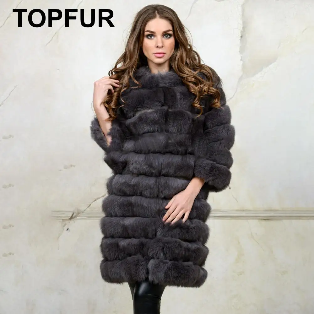 TOPFUR, модное темно-серое пальто, пальто из натурального меха, женские меховые пальто, зимнее пальто из натурального меха голубой лисы, Женское пальто с рукавом три четверти