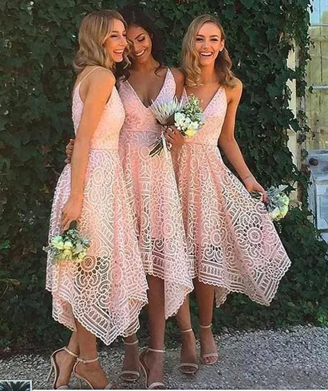 

2020 New Tea-Length Pink/Navy Blue Bridesmaid Dresses Lace Irregular Hem V Neck Maid of Honor Country Wedding Party Guest Gowns