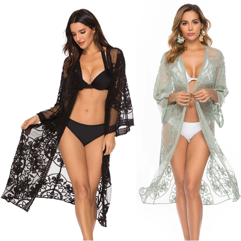 bathing suit cover Women Bikini Cover-Up Floral Lace Mesh Cardigan Sexy Out Wear See Through Beach Rash Guard for Swimming Watersports Vacationing bikini and cover up set