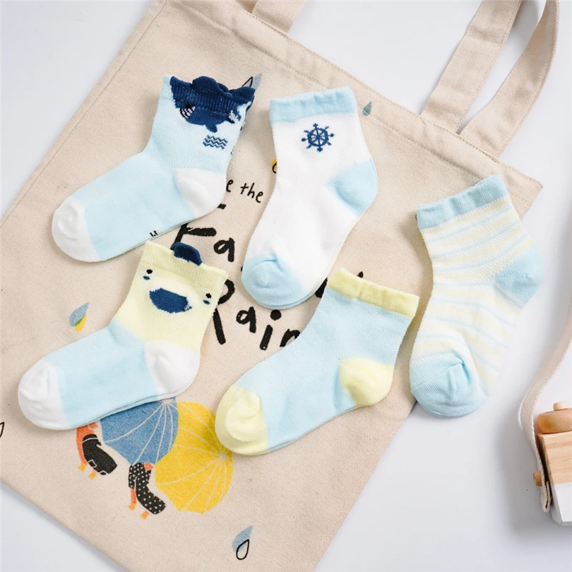 

5 Pairs Toddler Kids Short Socks Boys Girls Cartoon Animals Printed Mesh Breathable Sweat Soft Anti-Slip Baby Socks Set 0-5T A20