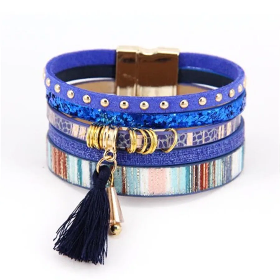 New Bohemian Colorful Multilayer Rope Woven Leather Magnet Buckle Bracelet Bangles Handmade Vintage Fashion Jewelry For Women - Окраска металла: 17