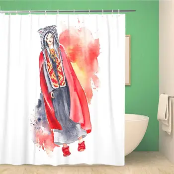 

Bathroom Shower Curtain Watercolor Model Silhouette Eccentric Bohemian Girl Young Woman Fur 72x72 inches Waterproof Bath Curtain