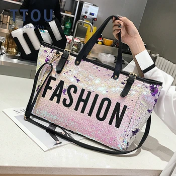 

Shiny Women's Tote Bags Colorful Sequined Letter Soft PU Leather Patchwork Handbag Female High Capacity Shoulder Bags Big Tote