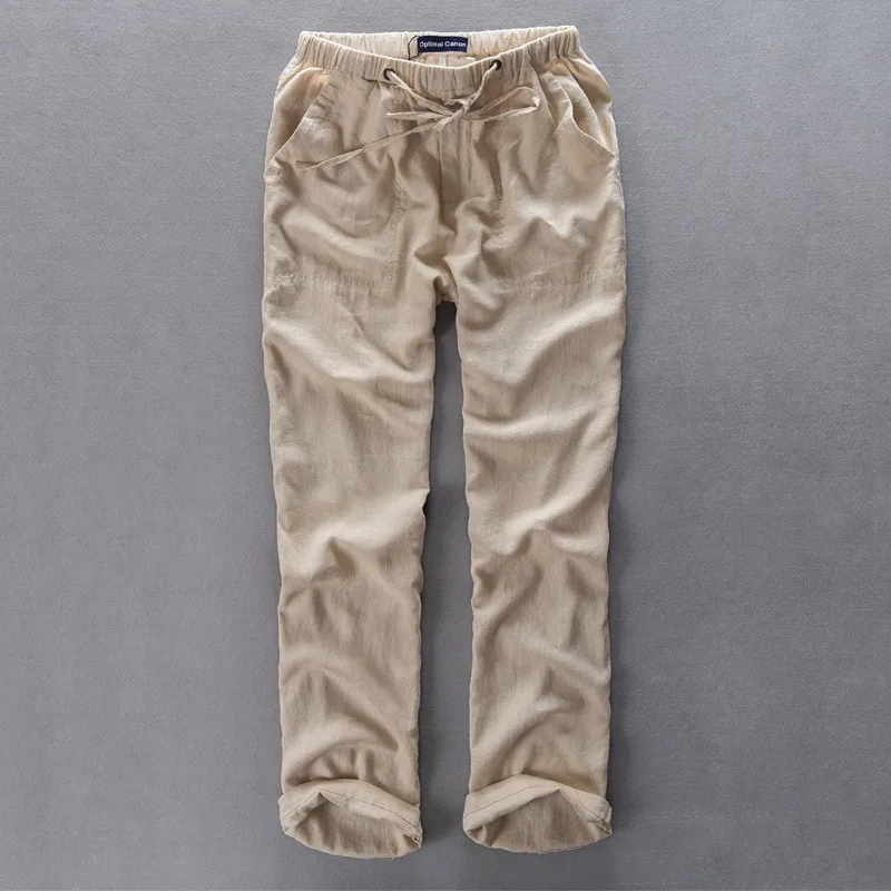 Khaki Мужские штаны из льна и хлопка полная длина летняя просторная легкая Повседневная льняная брюки мужские удобные домашние штаны для отдыха - Цвет: Khaki