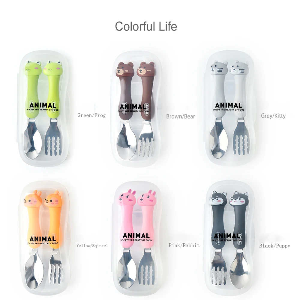2Pcs Kids Silverware Cute Spoon Fork Travel Carry Set Children Portable Tableware Toddler Utensils Spoon Fork with Travel Case