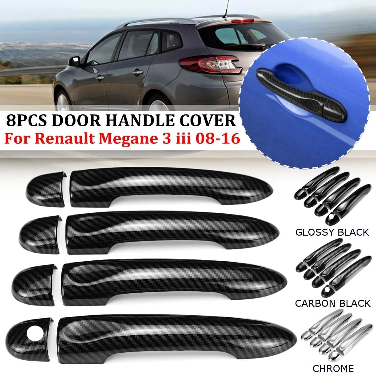 Car Exterior Door Handle Cover Compatible with Renault Megane 3 MK3 III 2008 2009 2010 2011 2012 2013 2014 2016 Carbon Fiber Car Door Handle Cover Trim Styling Accessories Car Door Handle Cover Trim