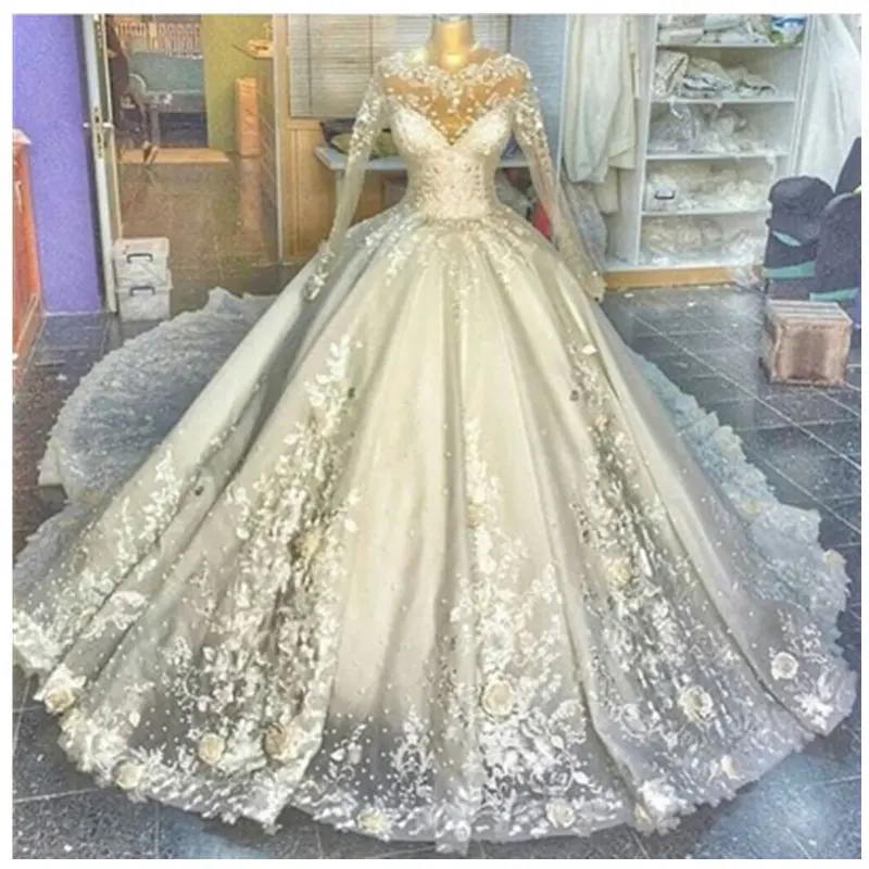 Романтическое 3D свадебное платье с цветами кружевная Иллюзия аппликации подвенечные Свадебные платья с длинными рукавами трапециевидный халат De Mariage