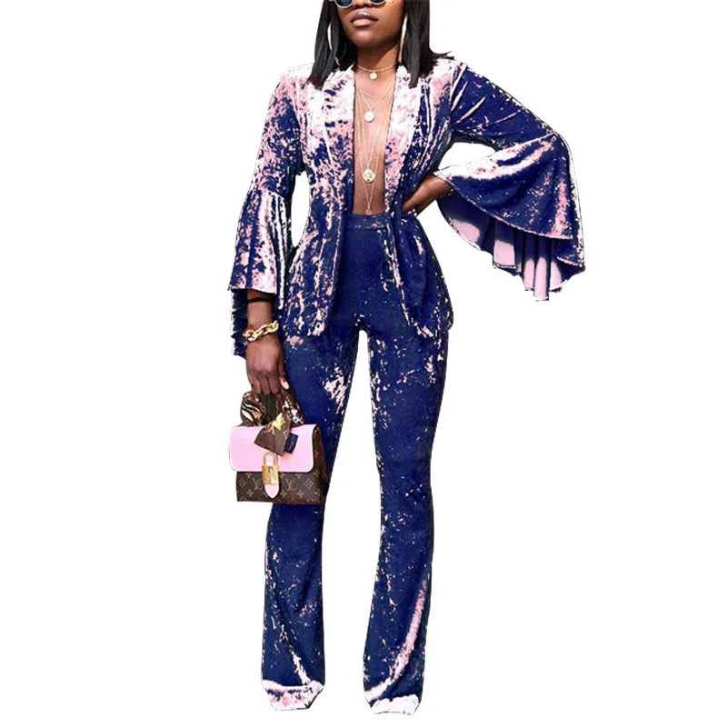 

Woman office suit autumn newstyle solid color solid color gold velvet long sleeve trumpet sleeve top with casual pants two-piece