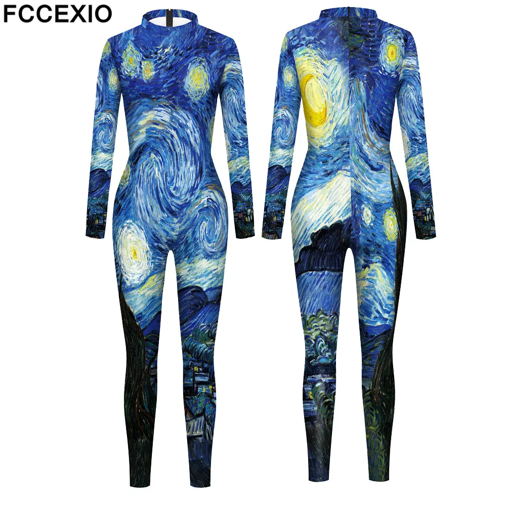 FCCEXIOWomensTightJumpsuitsVanGoghStarandMoonNightPaintings