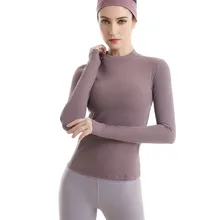 CretKoav Autumn New High Collar Yoga Top Long Sleeve T-shirt Women Elastic Slim Thumb Hole Solid Color Running Sport T-Shirt